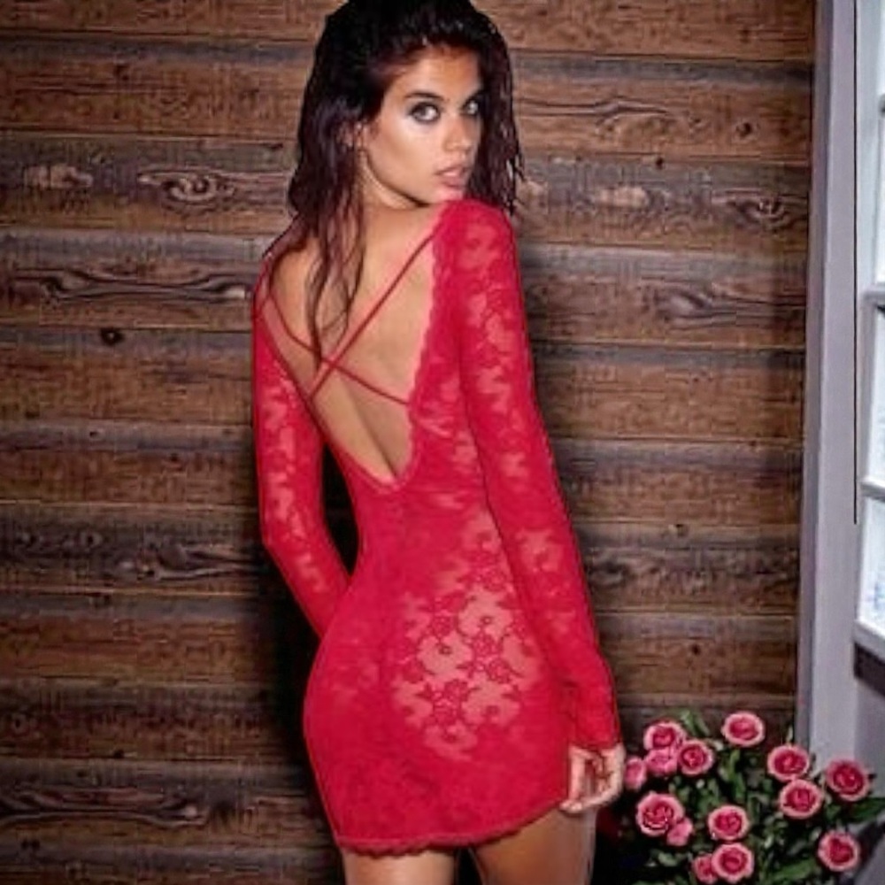 🪷 Victoria's Secret Vintage Y2K Red Lace Sheer Long-sleeve Mini Dress / Lingerie